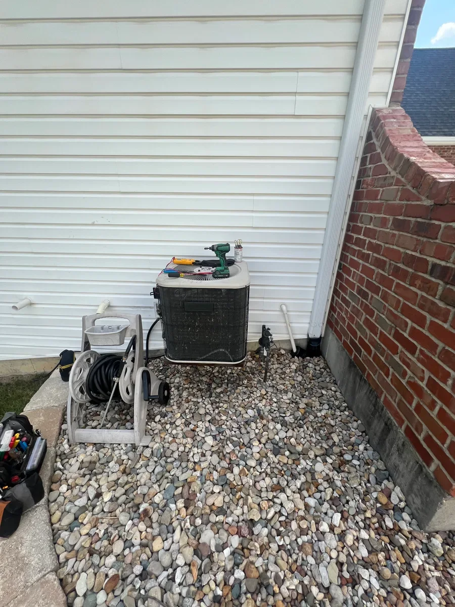 Outdoor air conditioner before replacement in St. Charles, Missouri.